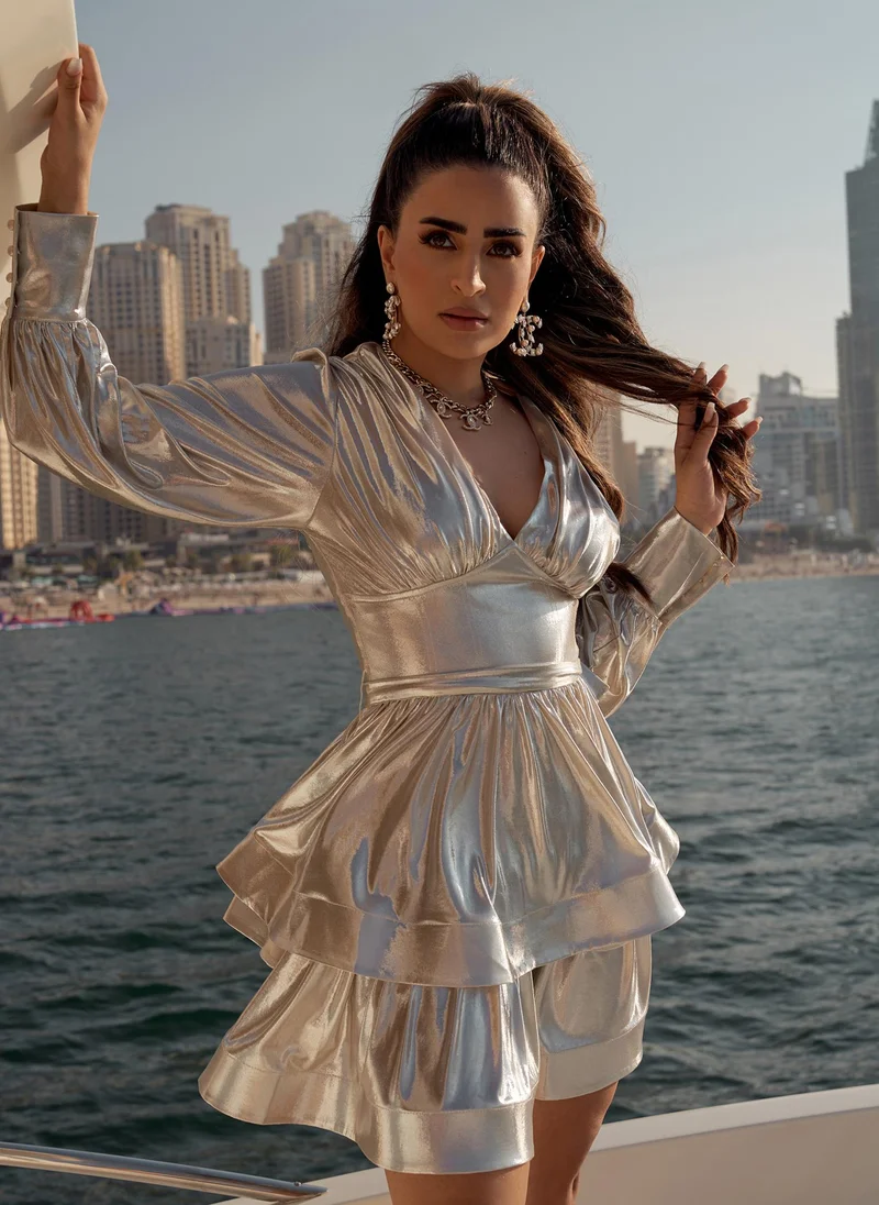 Lichi Shiny mini dress  with ribbons at the waist